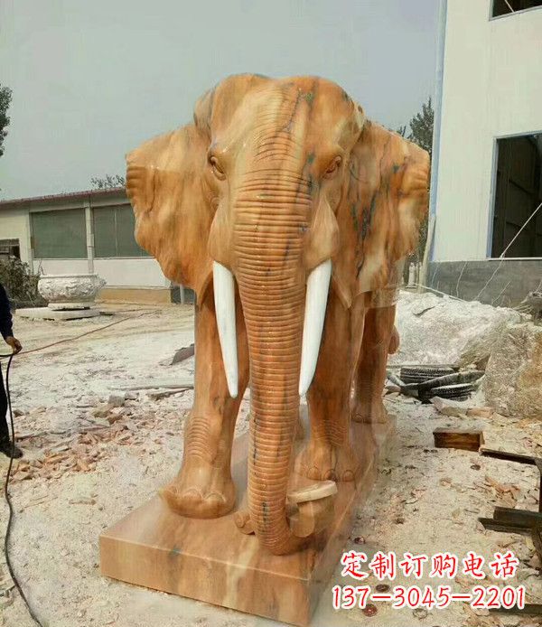 上海鼻卷如意晚霞红招财大象石雕