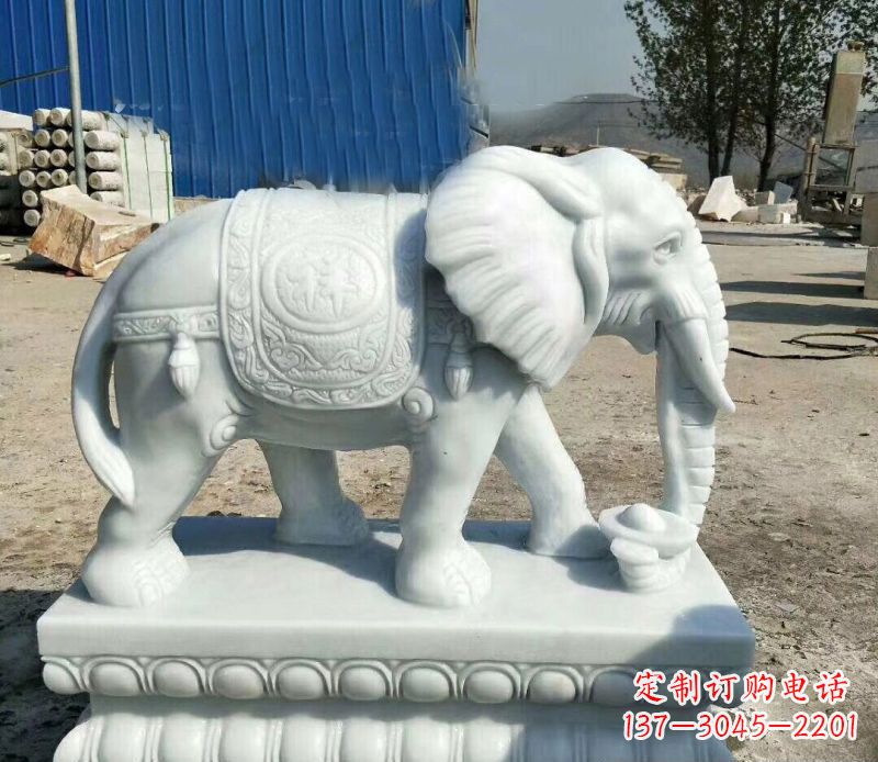 上海鼻卷元宝的大象汉白玉吉祥如意石雕