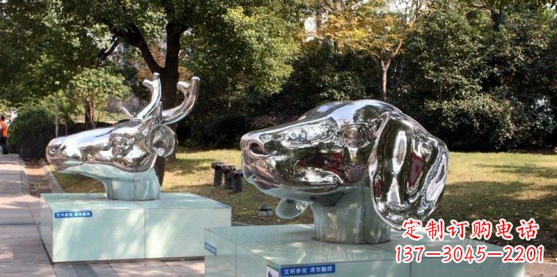 上海狗头公园不锈钢鹿和狗雕塑