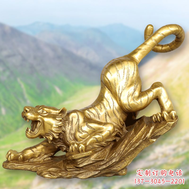 上海纯铜鎏金老虎下山雕塑精美动物雕塑摆件