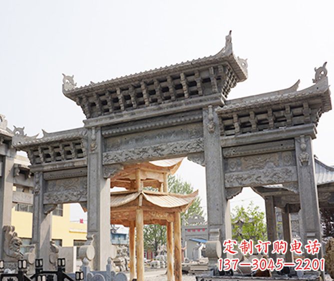 上海村庄大理石三门牌坊石雕