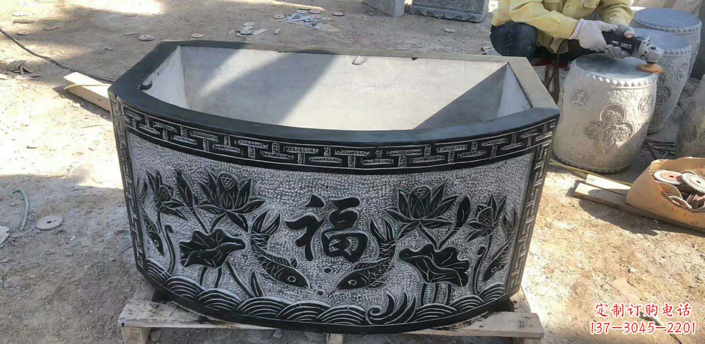 上海精致方口石浮雕水缸雕塑