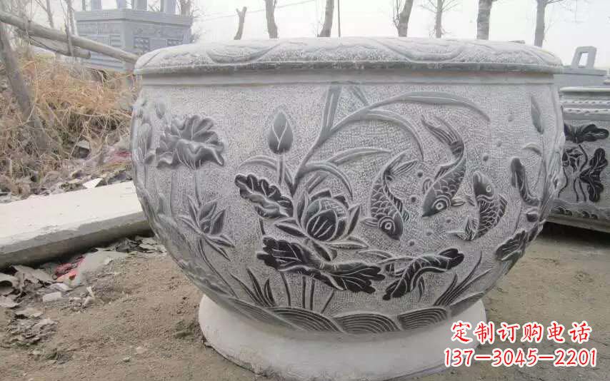 上海仿古雕刻鲤鱼石浮雕水缸