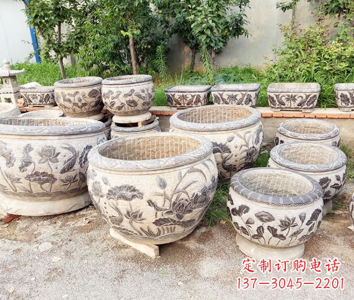 上海仿古石雕鲤鱼浮雕水缸