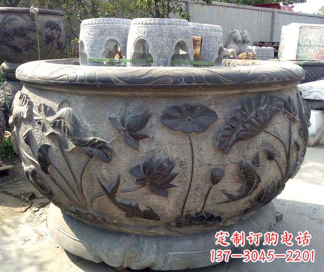 上海精美仿古荷花鲤鱼浮雕石水缸