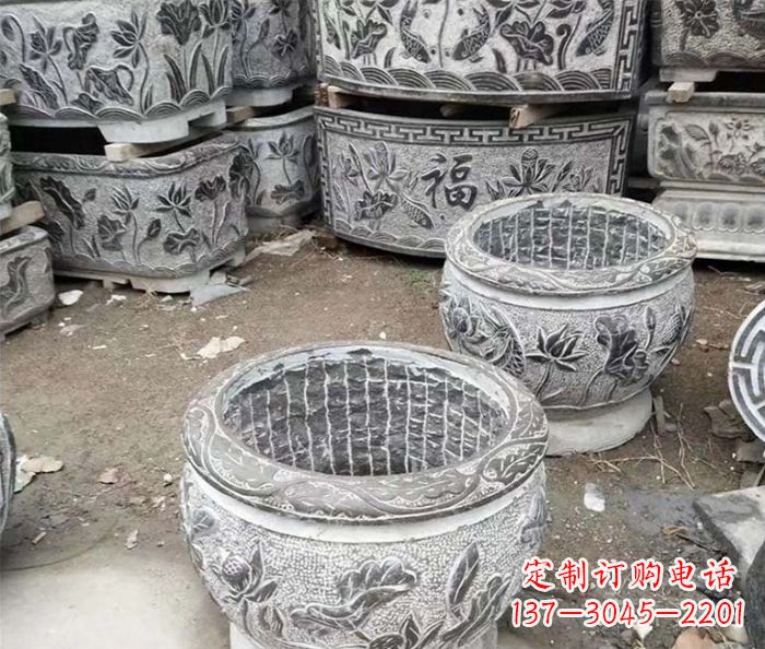 上海仿古荷花石浮雕水缸塑像