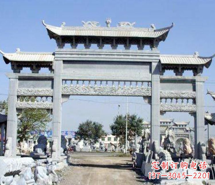 上海仿古三门牌坊石雕 (9)