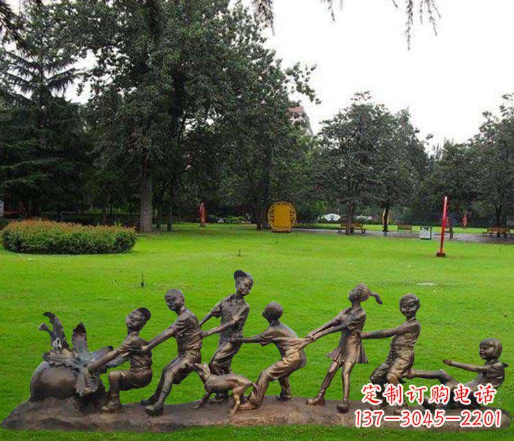 上海公园儿童拔萝卜人物小品铜雕