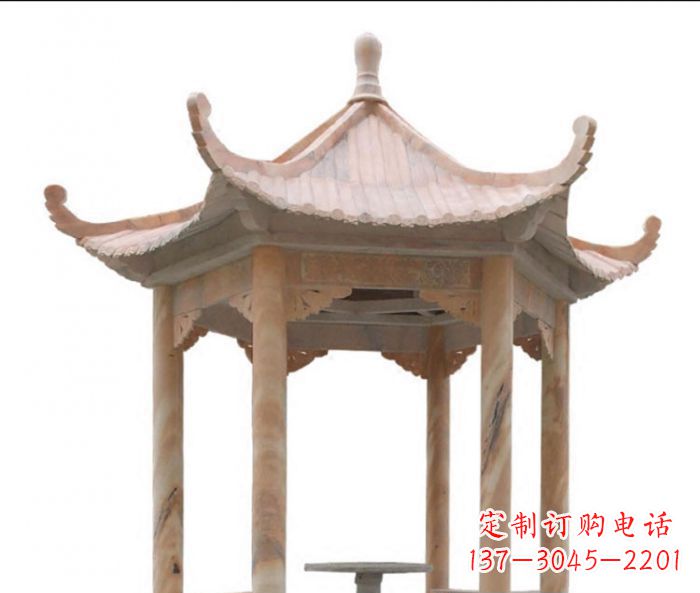 上海美丽而优雅的公园晚霞红六角石凉亭雕塑