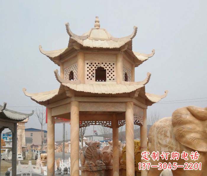 上海红双层六角石凉亭雕塑