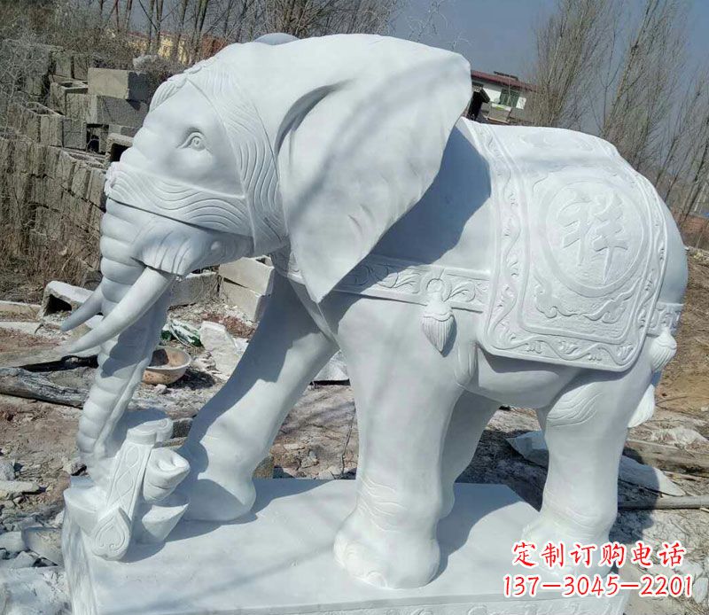 上海汉白玉吉祥门口鼻卷如意大象石雕