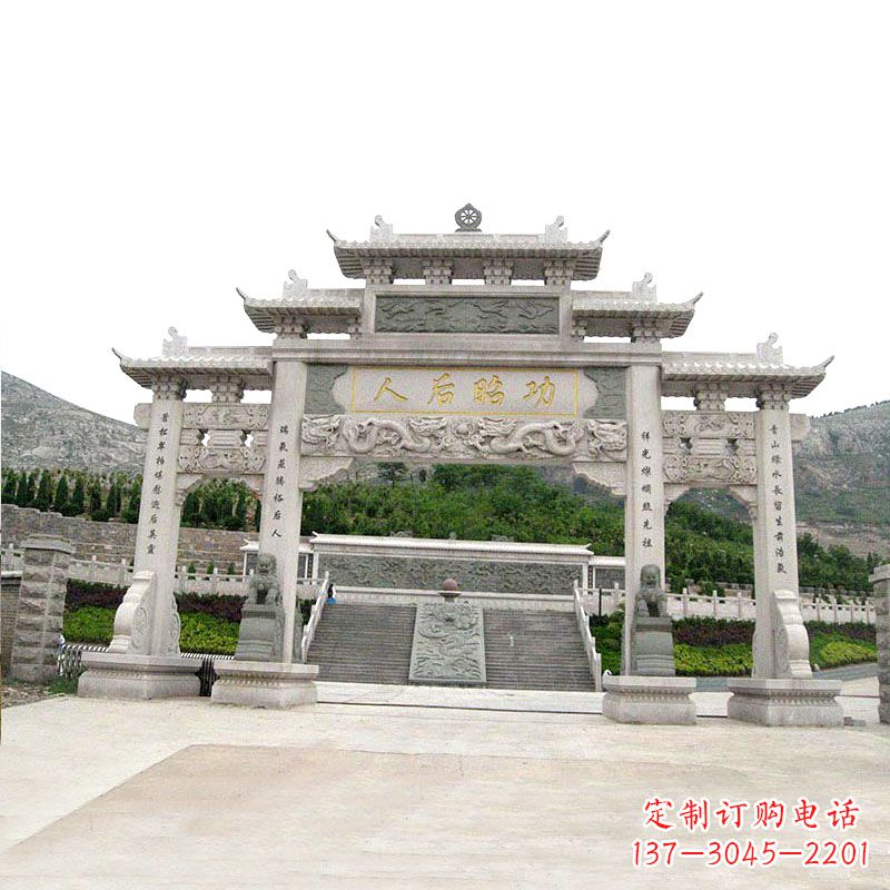 上海艺术精美的汉白玉三门石雕塑牌坊