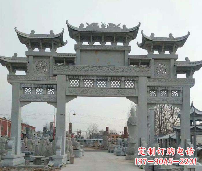 上海三门牌坊石雕,精美汉风石雕装饰景区