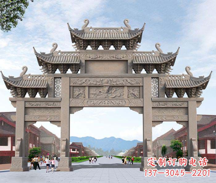 上海景区三门石雕牌楼——精美雕塑定制