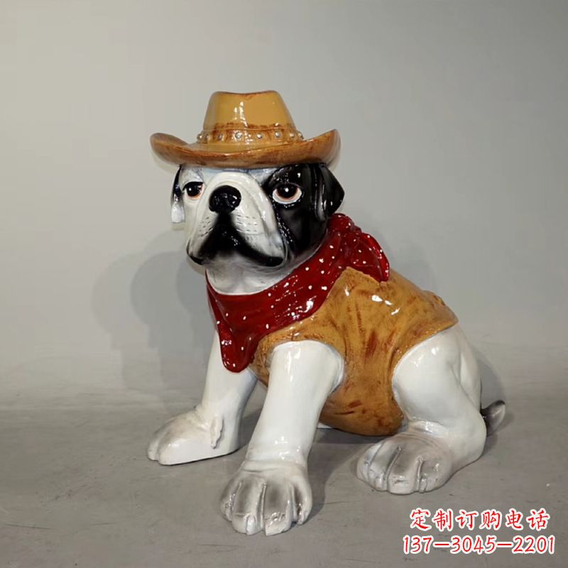 上海任性可爱的牛仔造型斗牛犬雕塑