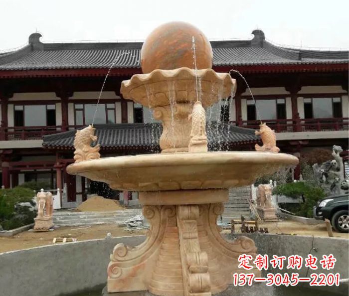 上海双层风水球喷泉晚霞红石雕