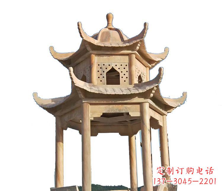 上海双层晚霞红凉亭石雕 (2)