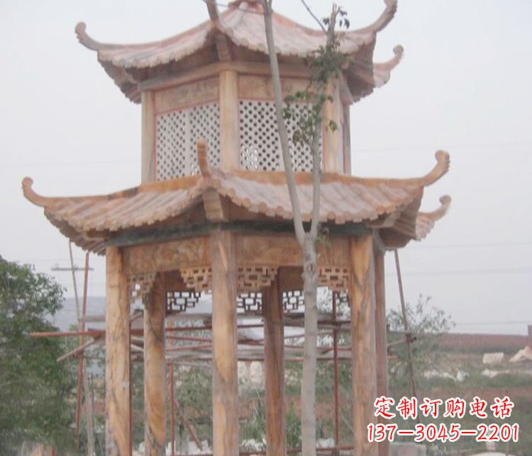 上海双层晚霞红石凉亭石雕 (2)