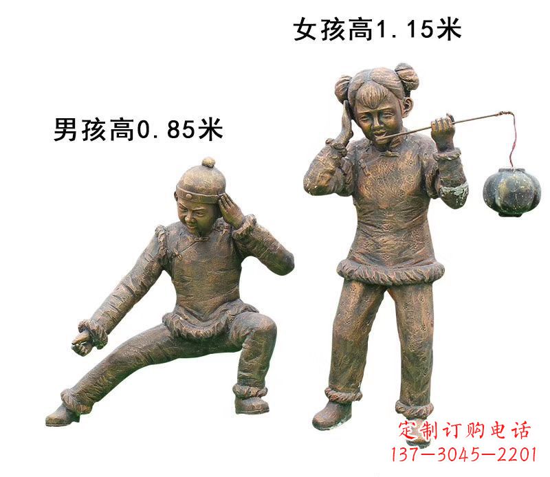 上海铜雕放鞭炮的儿童童趣雕塑