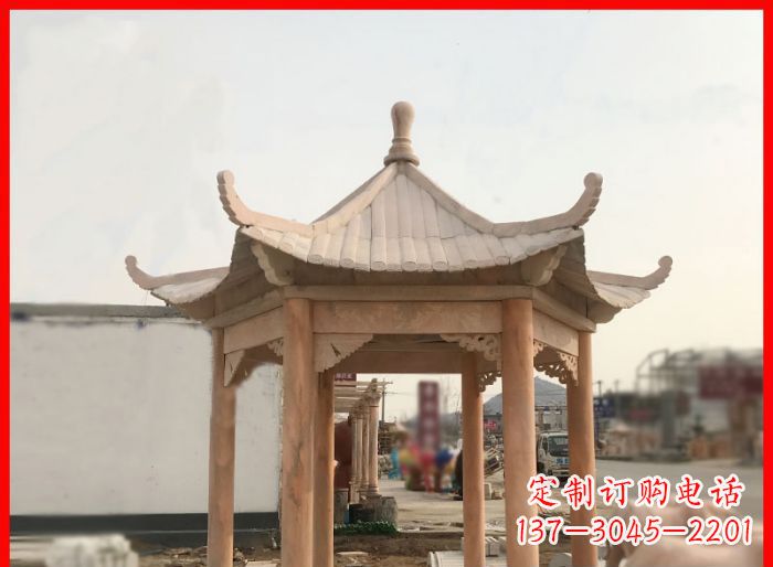 上海晚霞红公园六角石雕凉亭