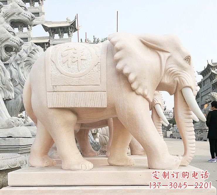 上海晚霞红吉祥如意大象石雕