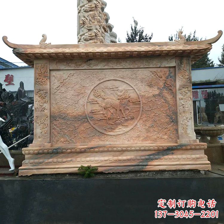 上海晚霞红麒麟影壁墙石雕