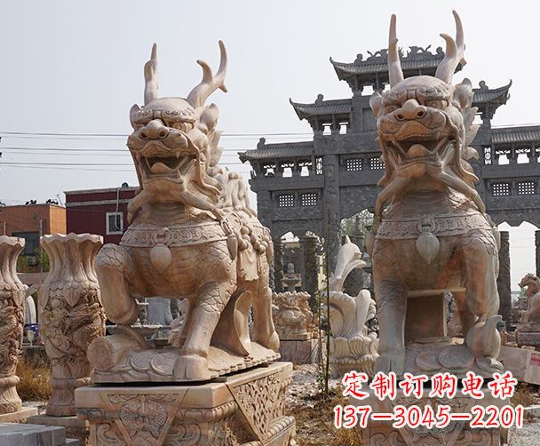 上海晚霞红瑞兽麒麟石雕 (2)