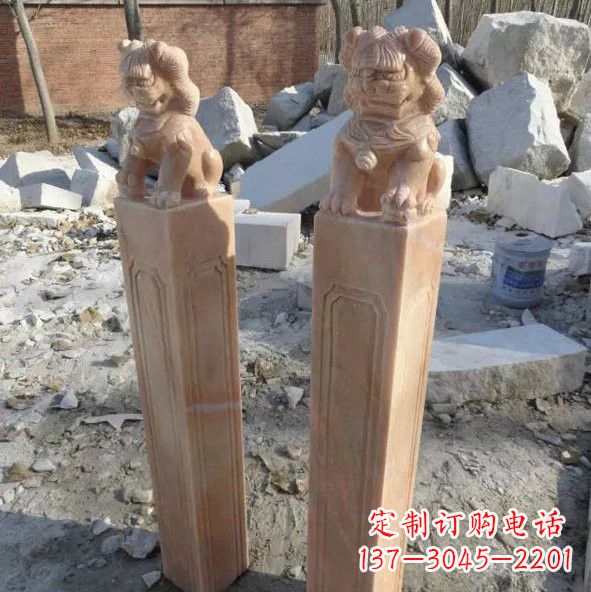 上海晚霞红狮子拴马桩