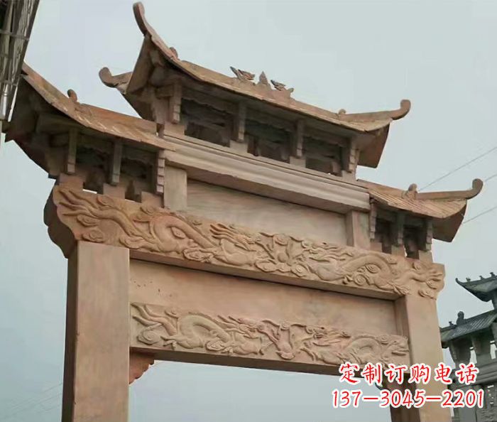 上海晚霞红石雕单门牌坊