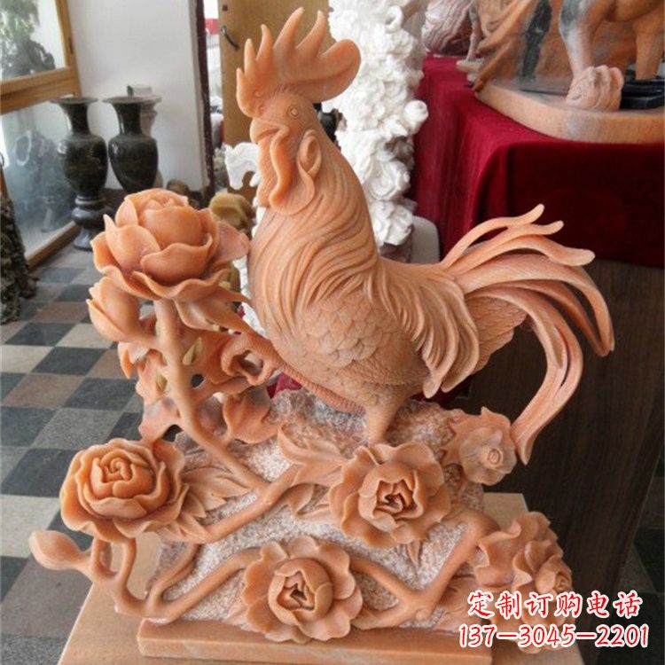 上海晚霞红石雕公鸡雕塑