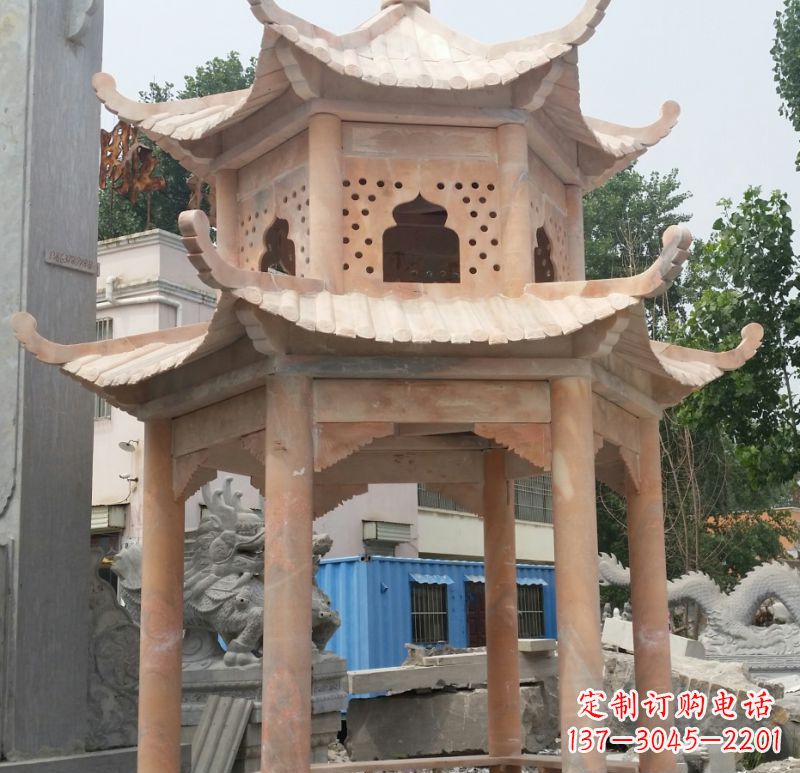 上海晚霞红双层六角凉亭石雕 (2)