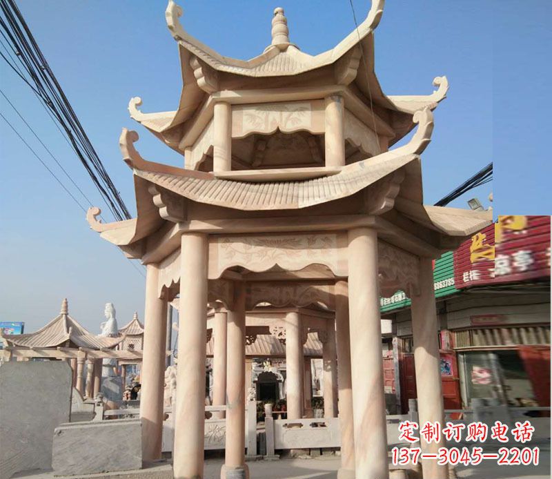 上海晚霞红双层六角凉亭石雕 (3)