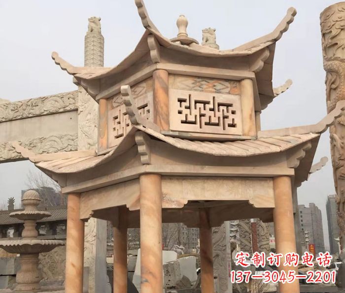 上海晚霞红双层石雕凉亭