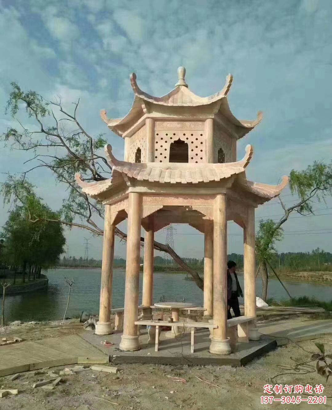 上海晚霞红双层石凉亭 (2)