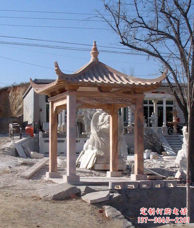 上海晚霞红四角凉亭景观石雕
