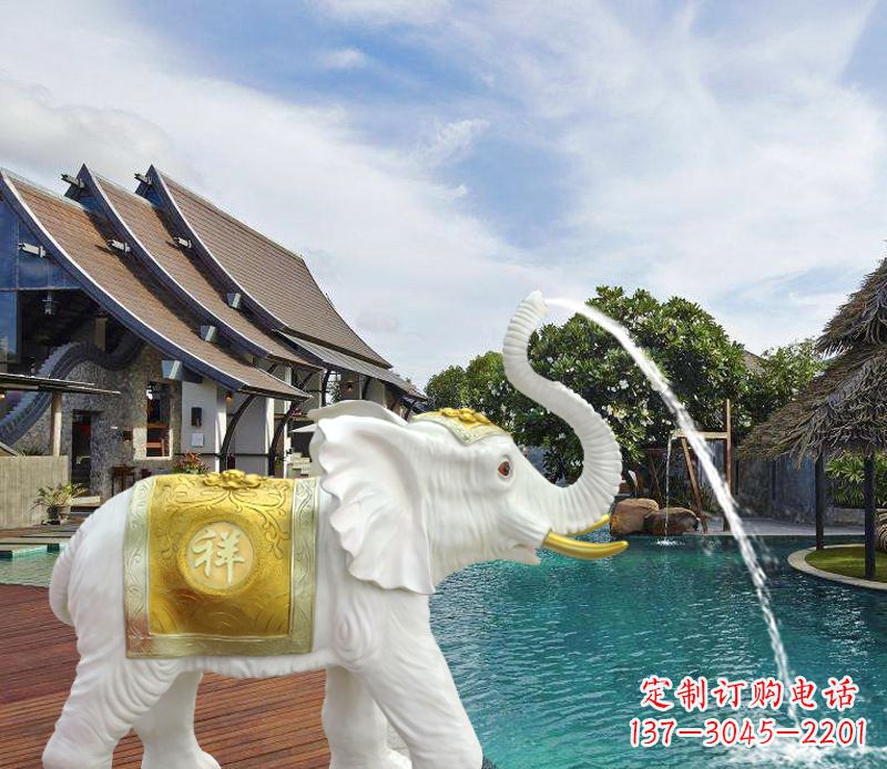 上海祥瑞汉白玉喷泉喷水大象