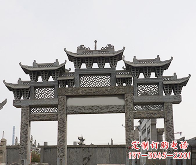 上海园林仿古三门牌坊石雕 (4)