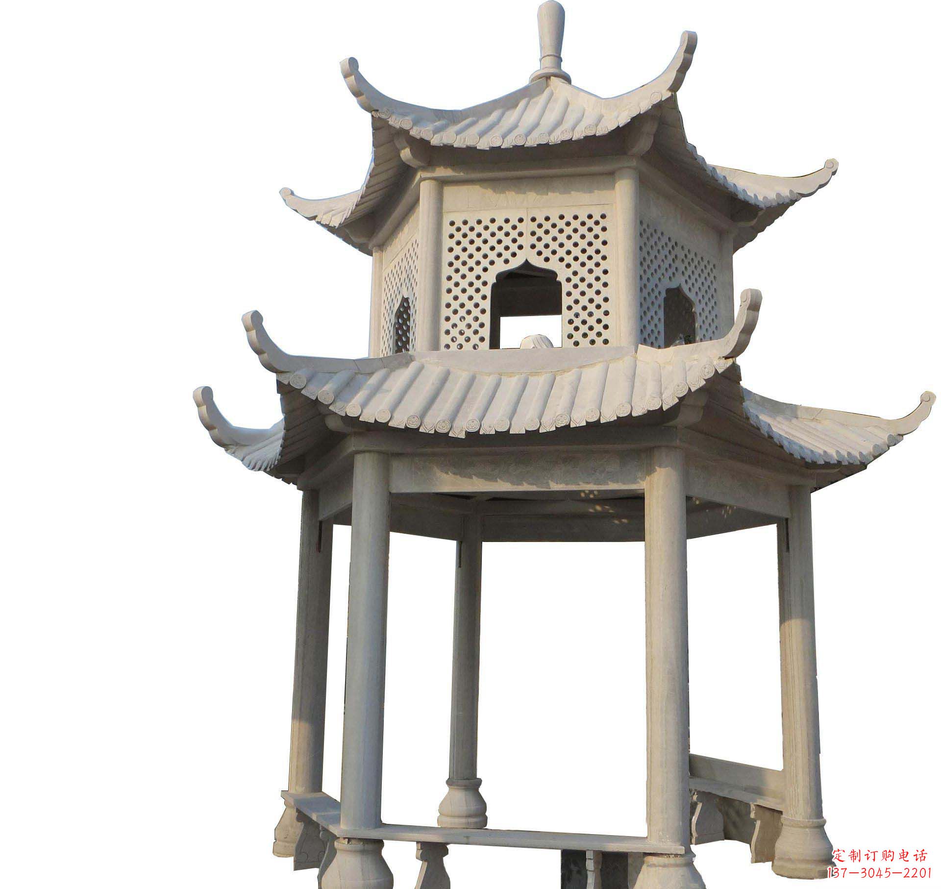 上海园林景观大理石六角石雕双层凉亭