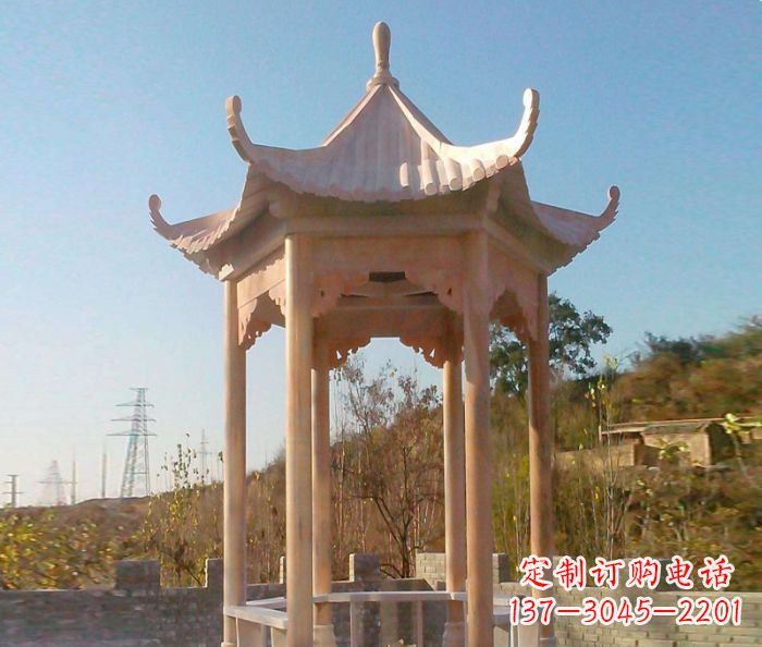 上海园林景观晚霞红单层石雕凉亭
