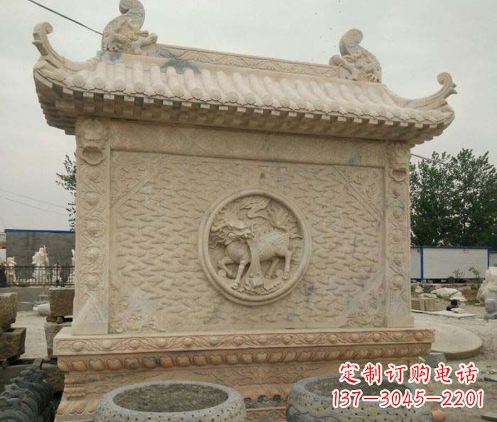 上海园林景观晚霞红石雕影壁
