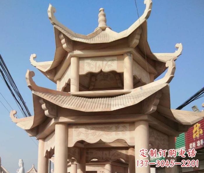 上海园林景观晚霞红双层石雕凉亭 (2)