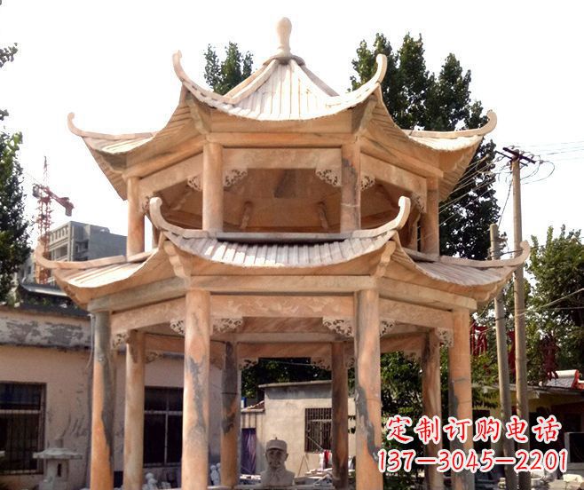 上海园林景观晚霞红双层石雕凉亭