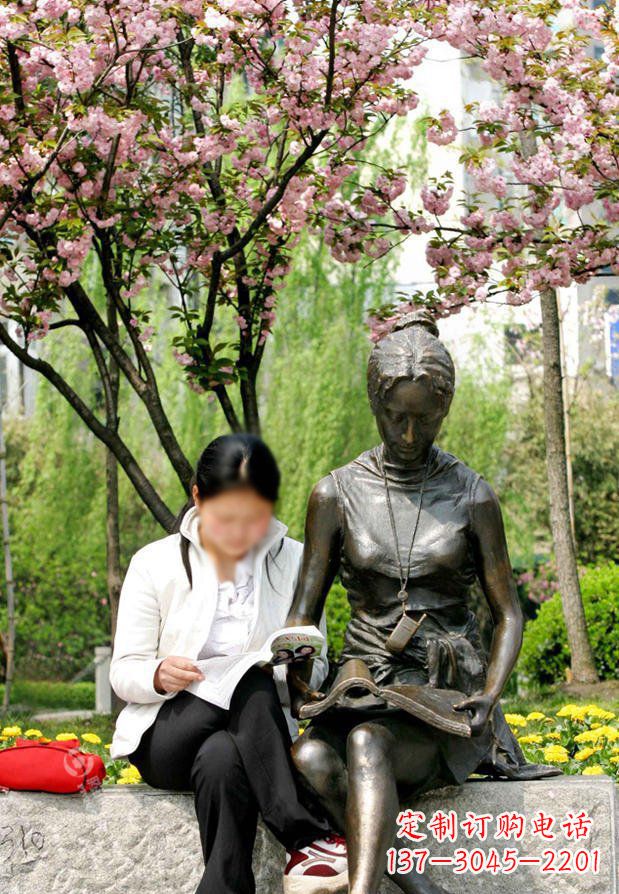 上海园林看书的女人人物景观铜雕