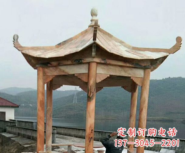 上海园林晚霞红单层石凉亭景观石雕