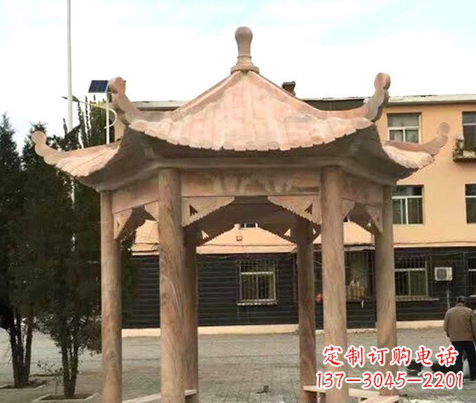 上海园林晚霞红六角石雕凉亭