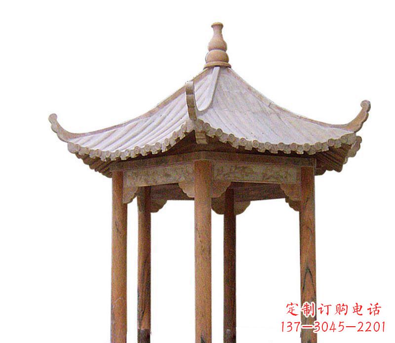 上海园林晚霞红六角石凉亭景观石雕 (2)