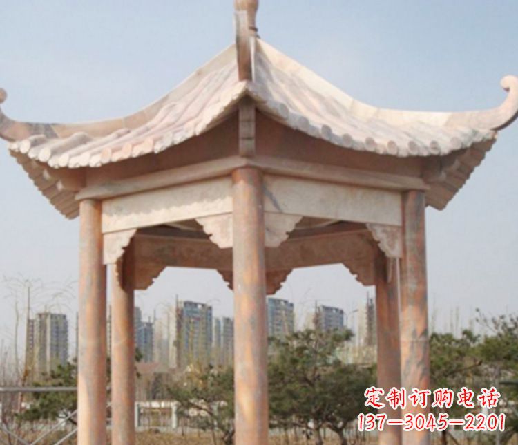 上海园林晚霞红六角石凉亭景观石雕