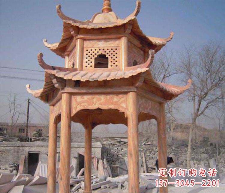 上海园林晚霞红石凉亭景观石雕
