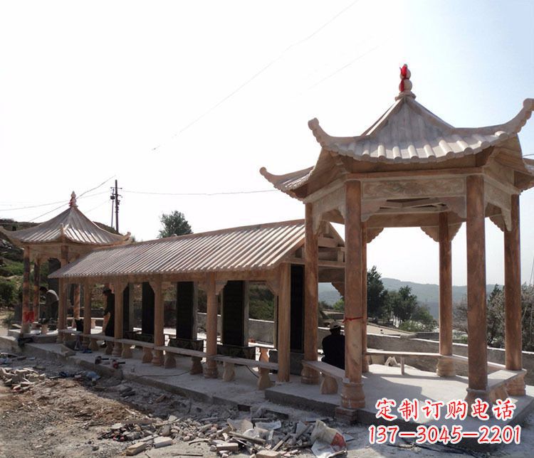 上海园林晚霞红长廊凉亭景观石雕