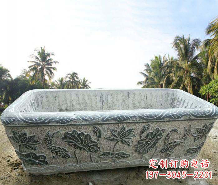 上海长方形连年有余荷花浮雕石水缸